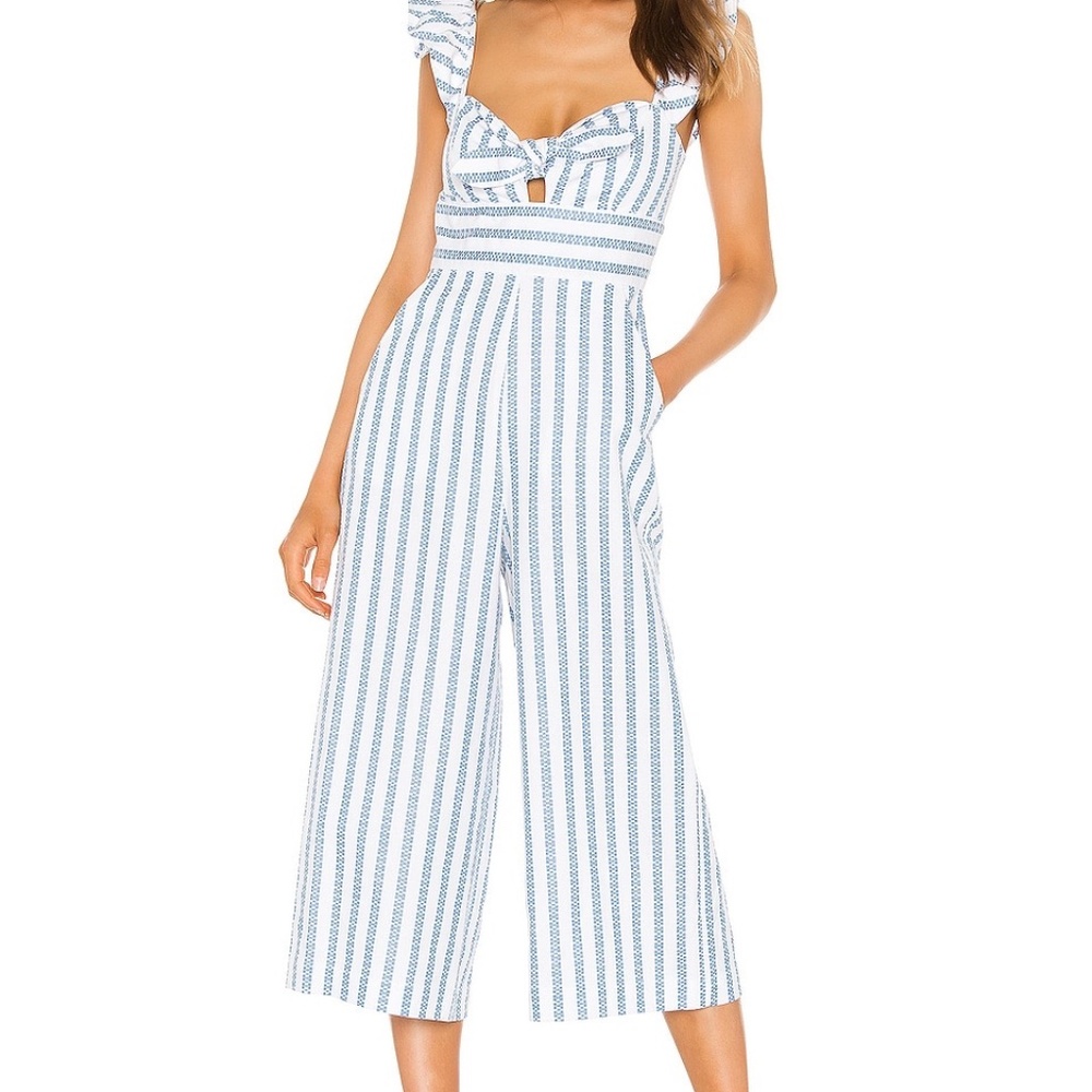 BCBG Blue & White Ruffle Strap Striped Jumpsuit